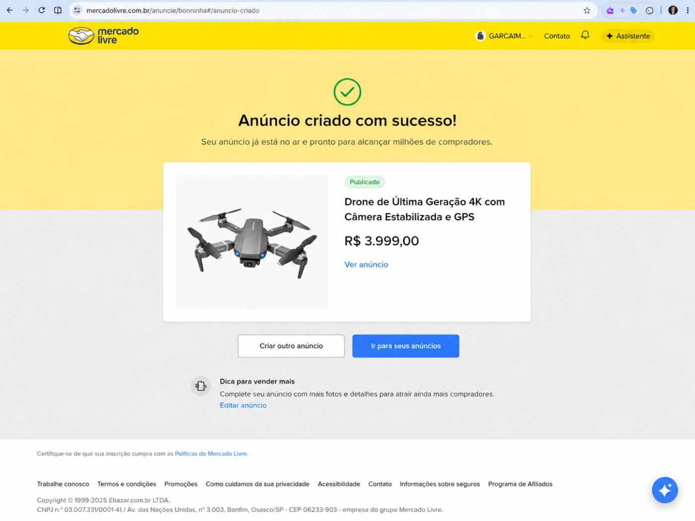 Anúncio publicado no Mercado Livre