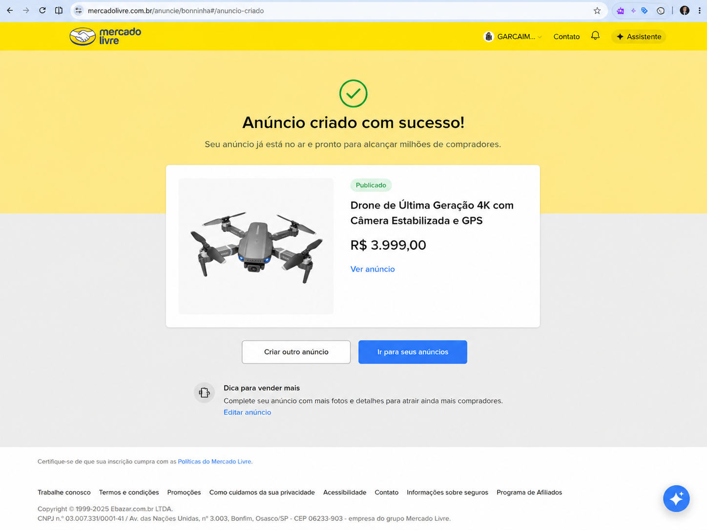 Anúncio publicado no Mercado Livre